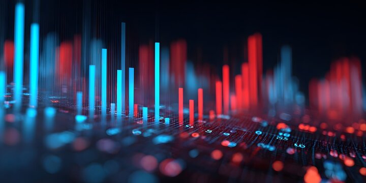 Abstract cityscape illuminated by vibrant neon blue and red vertical light beams against a dark reflective background - Powered by Adobe