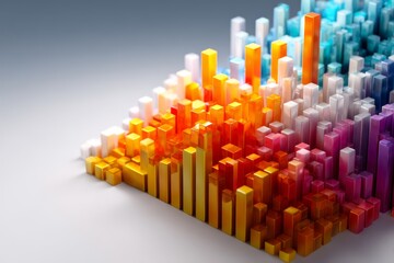 Abstract 3D Bar Chart Data Visualization, Vibrant Gradient Bars, Financial Growth Concept, Modern Technology Background, Data Analysis Graphic