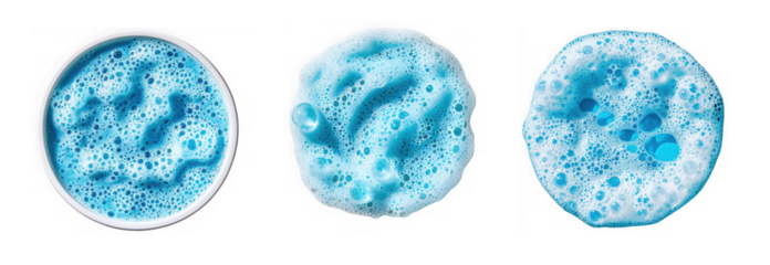Closeup of vibrant blue foam bubbles in a circular pattern, isolated on transparent background