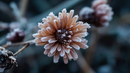 Delicate dry flower covered with frost in a peaceful winter landscape, capturing the beauty of frozen nature with sparkling ice crystals on petals and soft morning light in a cold snowy field