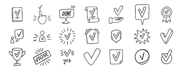 hand drawn Set of Approve Related Vector Line Icons. Contains such Icons as Protection Guarantee, Accepted Document, Quality Check. doodle. Suitable for stickers, logos, posters, packaging and.