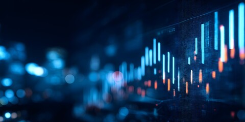 Abstract digital data visualization with glowing blue and orange vertical bars on a dark background