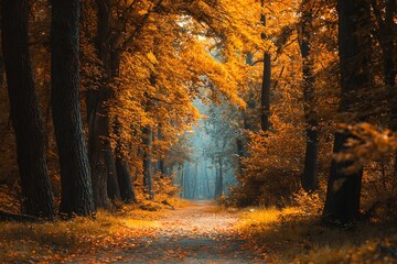 Obraz premium Golden Autumn Forest Path Sunlit Trees Fall Season Landscape View