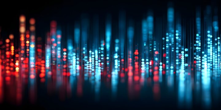 Abstract digital cityscape with vibrant red and blue lights reflecting on a dark surface - Powered by Adobe