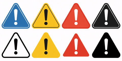 Collection of various colored warning signs with exclamation marks isolated on white background