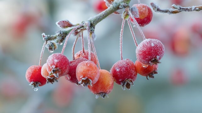 Frosted crab apples on branch in winter morning light, close-up of malus floribunda covered with ice crystals and snow, showcasing natural beauty of frozen fruit in cold seasonal landscape