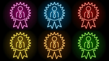 Collection of six neon award ribbons with a person icon in the center, each in a different vibrant color against a black background