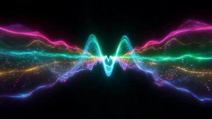 Colorful neon waveform ribbon symmetry light motion energy futuristic audio spectrum visualization with flowing glowing particles and abstract - Powered by Adobe