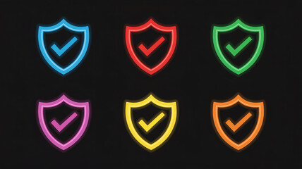 Collection of six neon shield icons with checkmarks in different vibrant colors against a dark background, symbolizing security and verification
