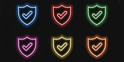 Collection of six neon shield icons with checkmarks in various vibrant colors against a dark background