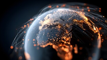 Vibrant global network of light trails connecting continents on a futuristic earth at night