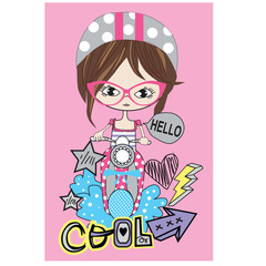 cute girls ride bike  illustration for t shirt  print vector
