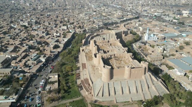 Aerial View of Herat Citadel, Ancient Castle in City Center, Landmark and Buildings, Drone Shot