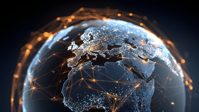 Global network connections illuminate the planet from above showing a digital web across continents and oceans