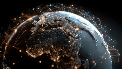 Abstract representation of a glowing planet with intricate digital connections and sparkling cosmic dust against a dark background