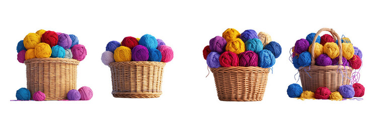 Four baskets filled with colorful yarn pompoms, isolated on transparent background