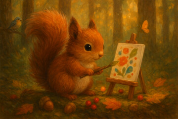 Cute squirrel painting on canvas in forest illustration