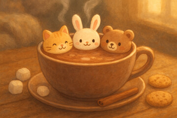 Cute animals in hot cocoa mug illustration