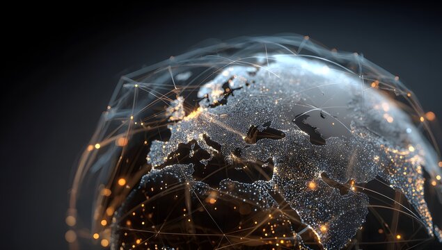 Global interconnectedness visualized through a digital network overlay on a planet s surface