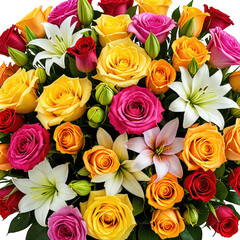 Fototapeta premium Colorful bloom bouquet of roses and lilies, leaves and various flowers