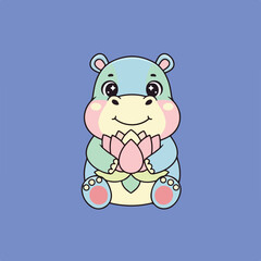 A charming cartoon hippo with sparkling eyes sits upright, cradling a pink lotus flower in its small arms against a serene blue background.