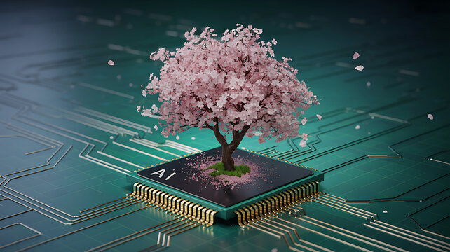 Futuristic tree of life emerges from advanced technology circuit board concept