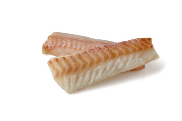 Two pieces of fresh frozen cod fish fillet isolated on white background front view