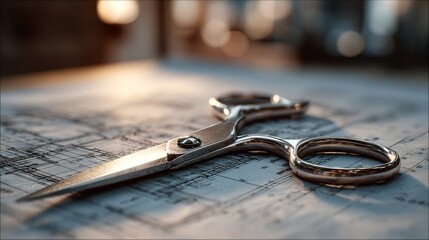 Professional tailoring scissors resting on detailed architectural blueprints, symbolizing precision and craftsmanship in design
