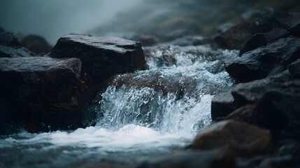 Obraz premium A close up view of a clear stream cascading over dark rocks in a misty natural landscape