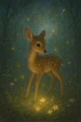 Cute Young Deer in a Magical Forest at Night