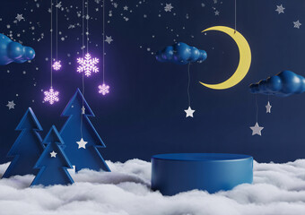 A whimsical winter night scene with a blue podium on fluffy clouds under a crescent moon and twinkling stars