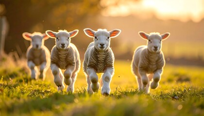 Four young lambs running toward the viewer in a bright, sunlit, grassy field. Soft focus background