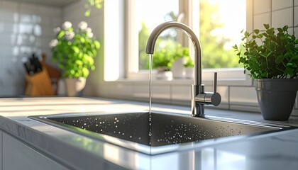 A modern kitchen sink with a faucet running water, illuminated by natural sunlight streaming through a window.