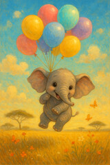 Cute Baby Elephant Floating with Colorful Balloons in the Sky
