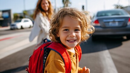 A young boy walking across a street, smiling at the camera, wearing a backpack and a red shirt.