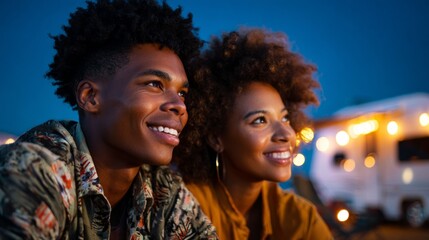 A young couple enjoying a camping trip at night.