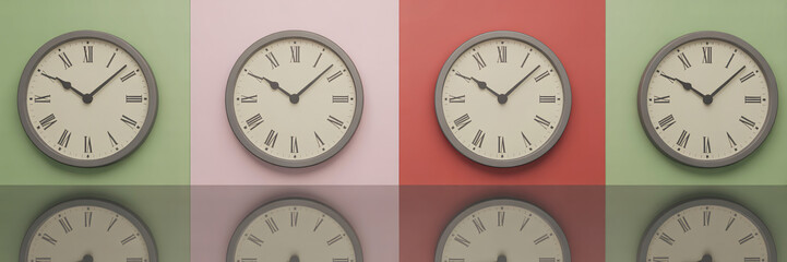 Four analog clocks with roman numerals displayed in a grid pattern against a colorful background, each showing a different time
