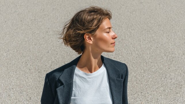 Woman standing outdoors, looking upwards towards the sky.