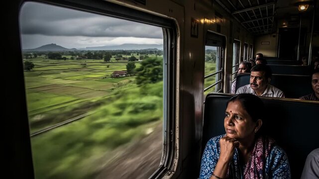 Train view of verdant fields, moody sky, and thoughtful passengers inside train car