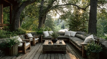Serene rustic outdoor seating area bathed in warm sunlight overlooking a tranquil lake surrounded by lush forest