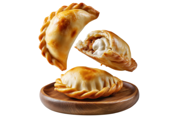 Fried baked pastry empanadas filled with ground beef cheese ham and crimped edges on wooden plate, isolated on white transparent background, concept of traditional Argentina snack