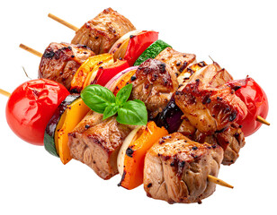 Meat and vegetable shish kebab isolated on a transparent background.