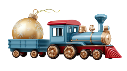 Blue toy train with red wagon carrying shiny golden bauble showing festive decoration and holiday celebration concept isolated on white background