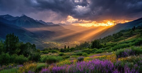 Scenic mountain valley filled with wildflowers, bathed in golden light with storm clouds