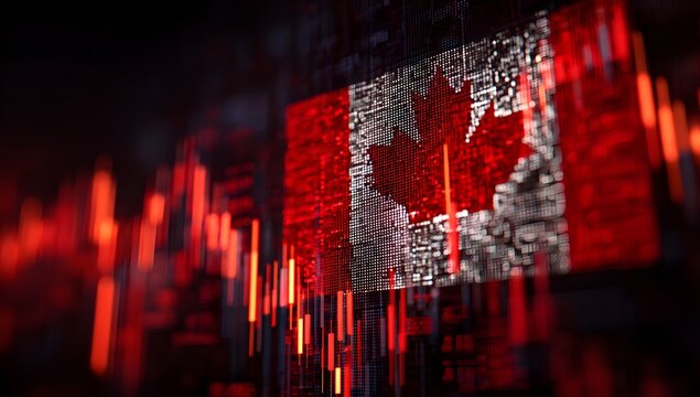 Canadian flag overlayed on stock market data showing economic trends and financial performance