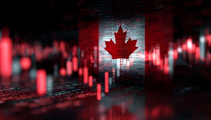 Canadian flag overlayed on a financial stock market chart displaying downward trends and economic volatility