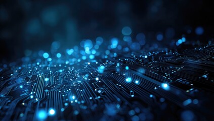 Abstract digital circuit board with glowing blue bokeh in a blurred background