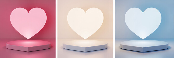 Three glowing heart shapes on pedestals, each illuminated with a different color pink, cream, and blue, creating a vibrant display