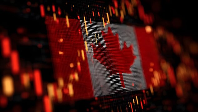 Abstract digital representation of the canadian flag with fiery bokeh and glitch effects