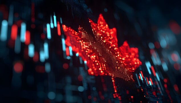 Vibrant red maple leaf symbol illuminated against a blurry backdrop of financial data charts and graphs
